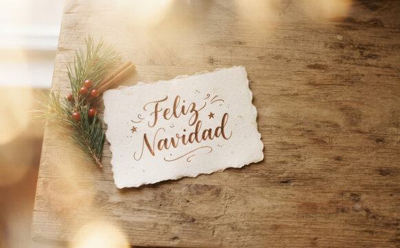 Rustic Feliz Navidad Christmas greeting card on wooden table with pine branches and cinnamon sticks, winter holiday concept for design and festive messaging