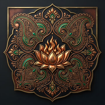 luxury embossed pattern of paisley lotus and flame motifs in copper an