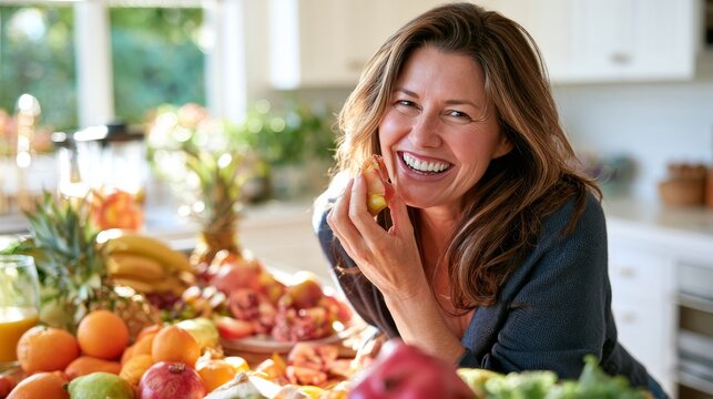 Smiling middle-aged woman holding a green apple in a bright kitchen surrounded by a variety of fresh fruits including bananas, oranges, and grapes on a wooden table