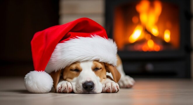 Christmas Dog Nap: A cute beagle puppy wearing a Santa hat sleeps peacefully in front of a warm, glowing fireplace, embodying the cozy spirit of the holiday season.