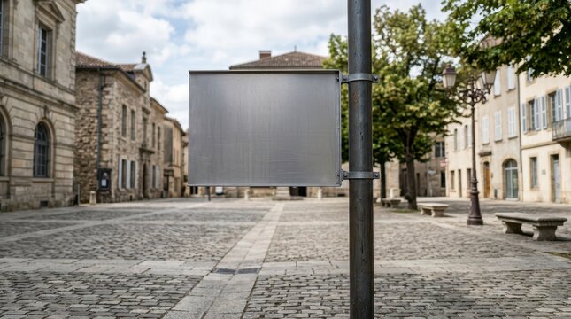 Blank metal sign on a pole in an empty cobblestone square surrounded by historic buildings and trees