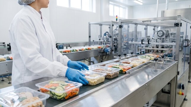 Food packaging technician wearing white coat and gloves, with clear plastic meal prep containers, organizing ready meals along line, in food production facility, food manufacturing photography