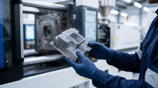 Machine operator wearing dark uniform and gloves, with steaming newly molded metal component, inspecting warm cast part, in injection molding factory, manufacturing industry photography