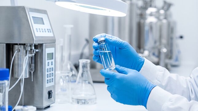 Laboratory scientist wearing blue nitrile gloves, with clear glass vial and illuminated lamp, holding liquid sample bottle, in research laboratory, pharmaceutical science photography