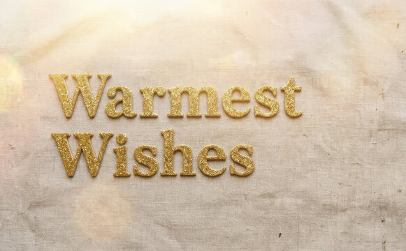Warmest Wishes Gold Glitter Text Greeting Card Concept on Fabric Background for Holiday Season and Celebration Messages