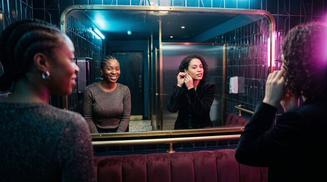 Two friends share a playful nightclub mirror moment