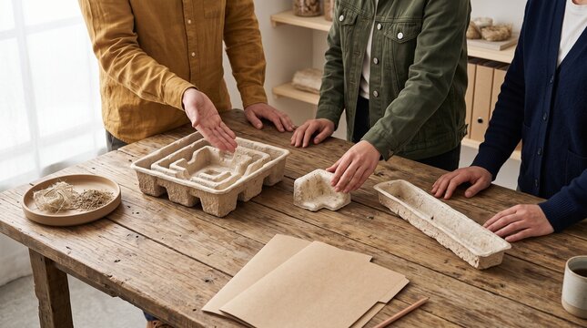 Team reviews molded mycelium forms for circular packaging design