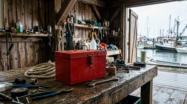 Red Tool Kit in Rustic Boathouse with Nautical Equipment and Scenic Waterfront View