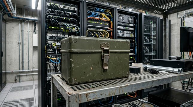 Vintage Green Tool Kit on Steel Shelf in Server Room Surrounded by High-Tech Equipment and Cables