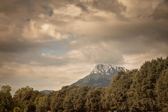 Mont Coudon rises above Mediterranean woodland near Toulon in Var, France, beneath dramatic clouds, showing the limestone relief and natural landscape of the Monts Toulonnais in Provence.