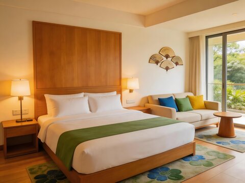 Modern hotel bedroom with wooden bed green runner sofa with colorful cushions and glass doors opening to outdoor greenery