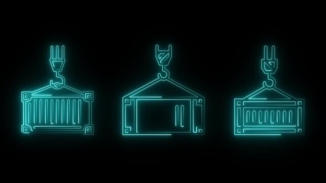 neon Thin line animation of cargo shipment icon on white background.Port crane cargo containers with import