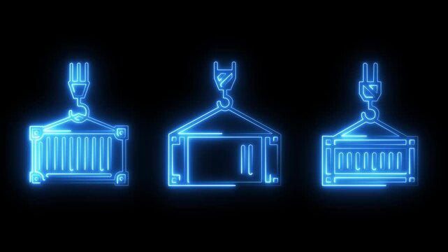 neon Thin line animation of cargo shipment icon on white background.Port crane cargo containers with import
