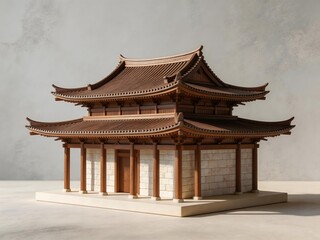 Obraz premium Miniature model of a traditional East Asian two-tiered pagoda-style building with tiled roofs and wooden columns