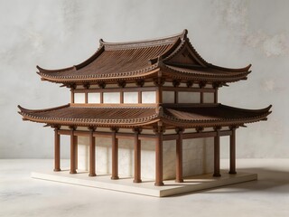 Fototapeta premium Wooden architectural model of a traditional Japanese two-tiered pagoda with curved tiled roofs and wooden pillars