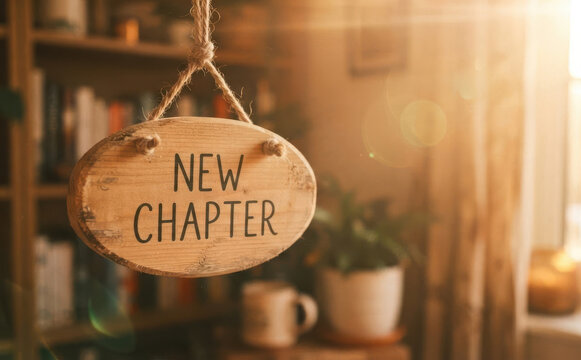 New Chapter wooden hanging sign in a cozy sunlit room with bookshelf and plant background representing fresh beginnings and life changes