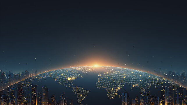 Sunset at Smart digital Innovation city with connection network reciprocity over the city of future smart wireless digital city and social media networking systems that connects people with in city