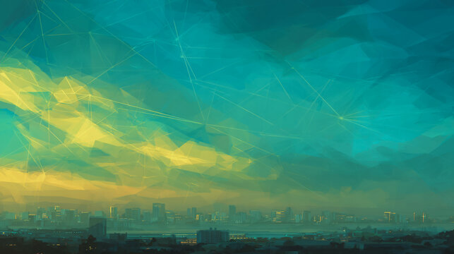 Sunset at Smart digital Innovation city with connection network reciprocity over the city of future smart wireless digital city and social media networking systems that connects people with in city