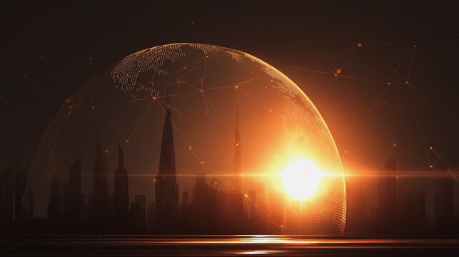 Sunset at Smart digital Innovation city with connection network reciprocity over the city of future smart wireless digital city and social media networking systems that connects people with in city