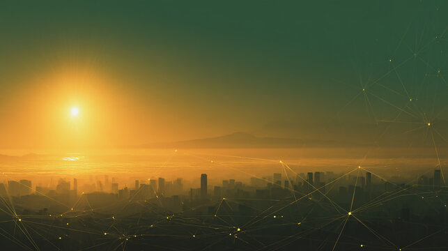 Sunset at Smart digital Innovation city with connection network reciprocity over the city of future smart wireless digital city and social media networking systems that connects people with in city