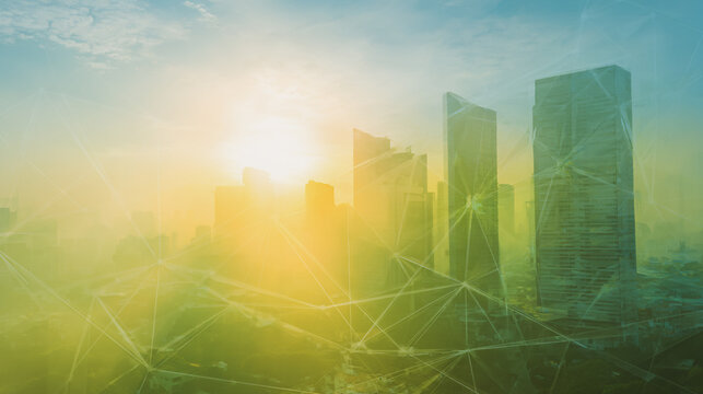 Sunset at Smart digital Innovation city with connection network reciprocity over the city of future smart wireless digital city and social media networking systems that connects people with in city