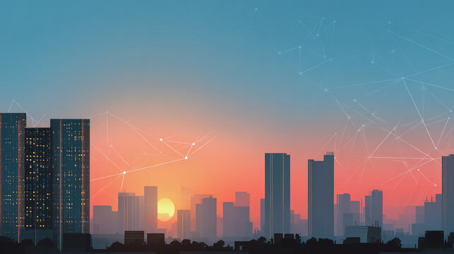 Sunset at Smart digital Innovation city with connection network reciprocity over the city of future smart wireless digital city and social media networking systems that connects people with in city