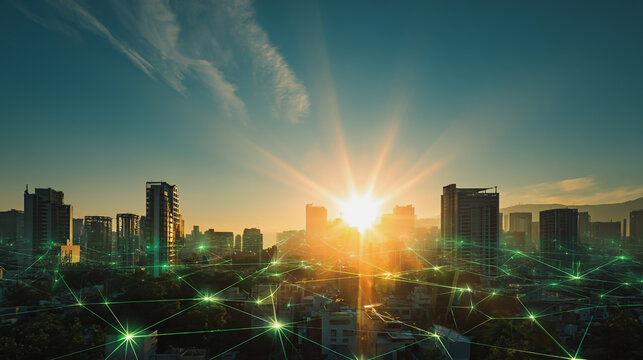 Sunset at Smart digital Innovation city with connection network reciprocity over the city of future smart wireless digital city and social media networking systems that connects people with in city