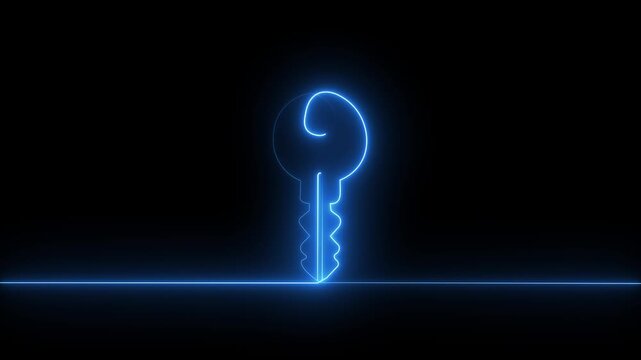 glowing neon line cryptocurrency key icon isolated on black background . concept of cyber security or private key ,digital key with technology interface .4k motion video animation.