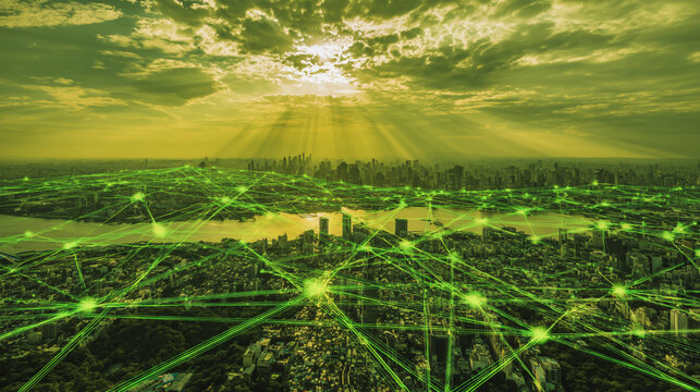Sunset at Smart digital Innovation city with connection network reciprocity over the city of future smart wireless digital city and social media networking systems that connects people with in city
