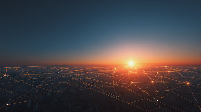 Sunset at Smart digital Innovation city with connection network reciprocity over the city of future smart wireless digital city and social media networking systems that connects people with in city
