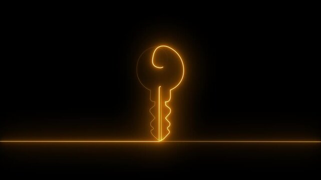 glowing neon line cryptocurrency key icon isolated on black background . concept of cyber security or private key ,digital key with technology interface .4k motion video animation.