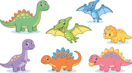 Cute Cartoon Dinosaur Illustrations Set with Stegosaurus Triceratops and Pterodactyl for Kids Educational Design © MST
