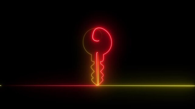 glowing neon line cryptocurrency key icon isolated on black background . concept of cyber security or private key ,digital key with technology interface .4k motion video animation.