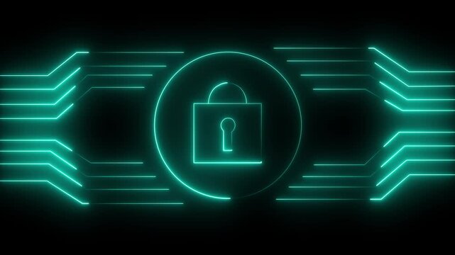 Glowing neon green shield with padlock and circuit board lines on black background, glowing cyber protection interface with technology theme, modern digital security animation.