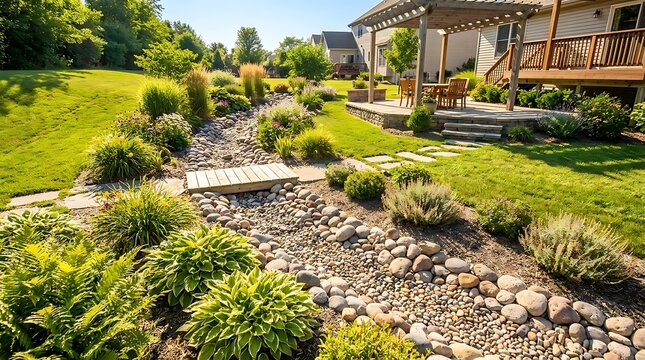 Beautiful backyard garden with a stone path and a wooden deck in a sunny residential landscape setting. yard drainage solutions