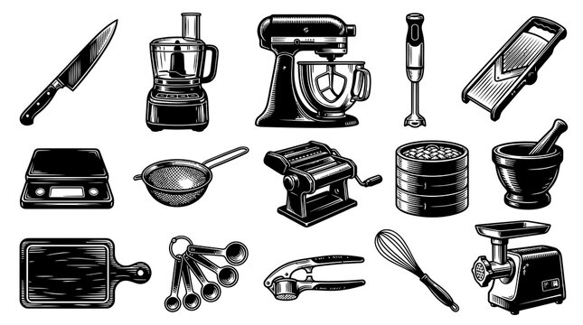 Vintage Black  White Kitchen Tools and Cooking Appliances Engraving Style Set - Culinary Equipment Collection