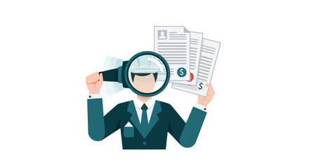 Fototapeta premium Professional Auditor or HR Manager Examining Documents with a Magnifying Glass; Concept for Recruitment, Financial Analysis, and Compliance. Vector Illustration.