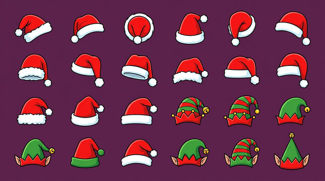 A vibrant collection of festive christmas hats including santa hats and elf hats in a repeating pattern