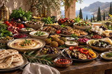 Fototapeta premium Mediterranean Food Feast with Hummus Falafel Grilled Vegetables and Mezze by the Sea