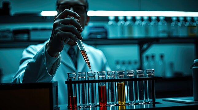 A scientist in a lab coat carefully adds a solution to multiple test tubes filled with liquids of varying colors under fluorescent lighting