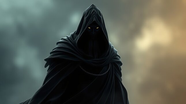 A cloaked figure with glowing yellow eyes stands menacingly against an ominous cloudy sky during twilight creating a foreboding atmosphere of mystery