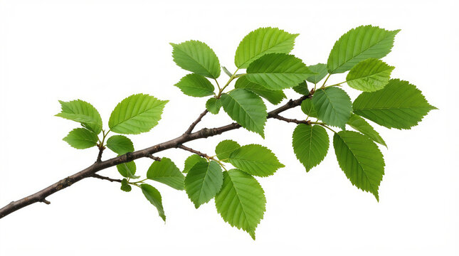 Fresh green elm tree branch isolated on white background