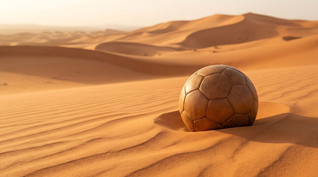 A time-worn football rests stoically amidst the endless, sculpted golden dunes of a sun-drenched desert, symbolizing forgotten games and the vastness of solitary landscapes
