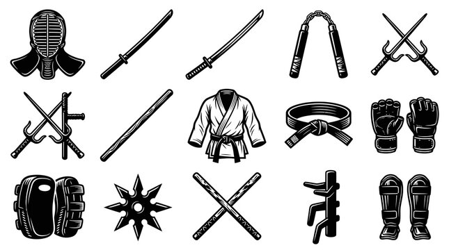 Black and White Line Art Vector Icons Set of Martial Arts  Combat Sports Equipment, Weapons, and Gear