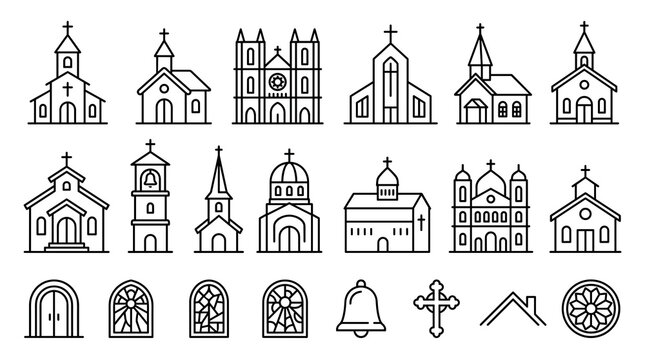 Church Building Architecture Line Icon Set Featuring Chapels Cathedrals Steeples Bell Towers and Christian Worship Houses for Vector Design