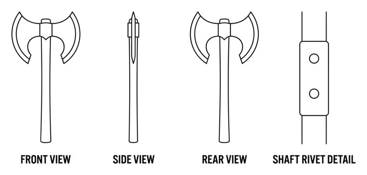 Double bit axe with metal rivets on shaft, weapon illustration, clear background.