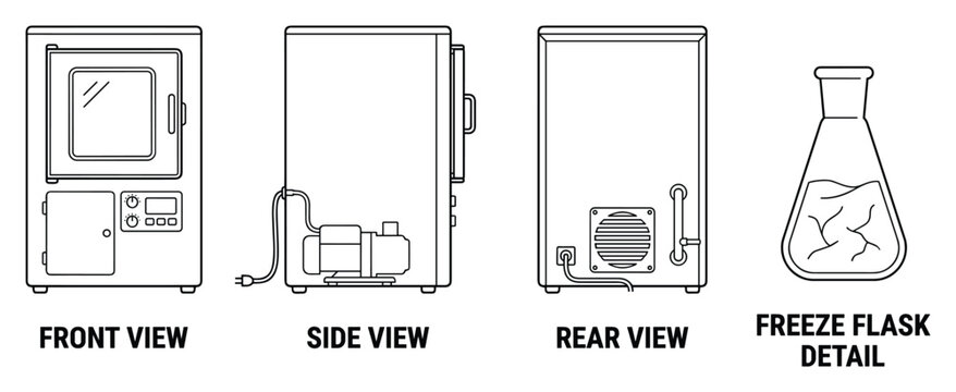 Freeze dryer with flask, front, side and rear views.
