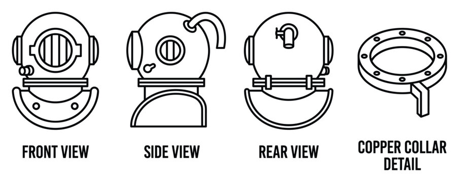 Front side rear view and copper collar detail of vintage diving helmet.