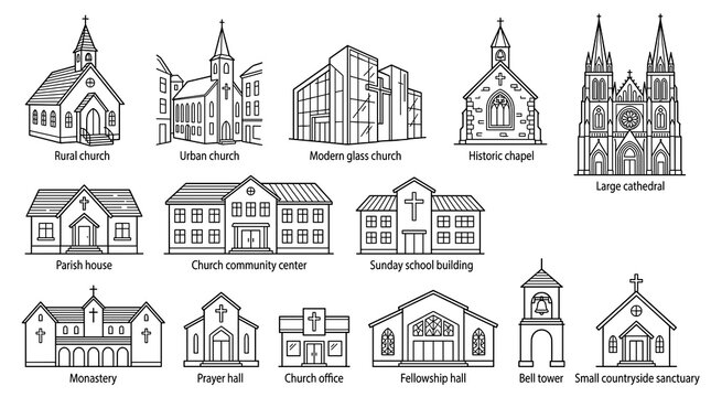Christian Church and Community Building Linear Icon Collection with Chapels Cathedrals Parish Houses and Religious Architecture Vector Symbols