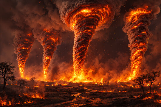 Multiple Fire Tornadoes Advancing Across a Burning Apocalyptic Plain
